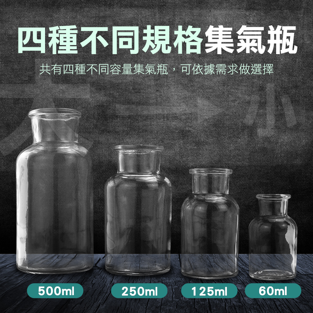 四種不同規格集氣瓶共有四種不同容量集氣瓶,可依據需求做選擇500ml250ml125ml60ml