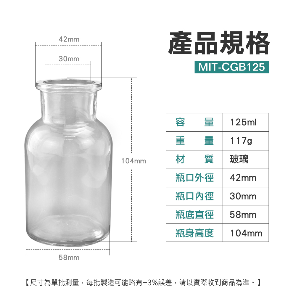 42mm30mm58mm產品規格MIT-CGB125容 量 125ml重 量 117g材 質 玻璃104mm瓶口外徑42mm瓶口內徑30mm瓶底直徑58mm瓶身高度 104mm【尺寸為單批測量,每批製造可能略有±3%誤差,請以實際收到商品為準。】